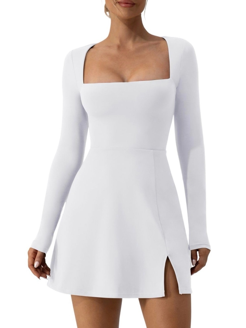Womens Sexy Square Neck Long Sleeve Above Knee Length Bodycon Mini Dress White L